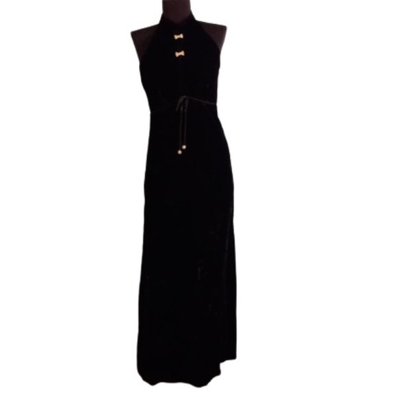 Black Velvet Gown 7 Vintage Rhinestone Bow Accents Maxi Hostess Hand Made - Picture 1 of 14